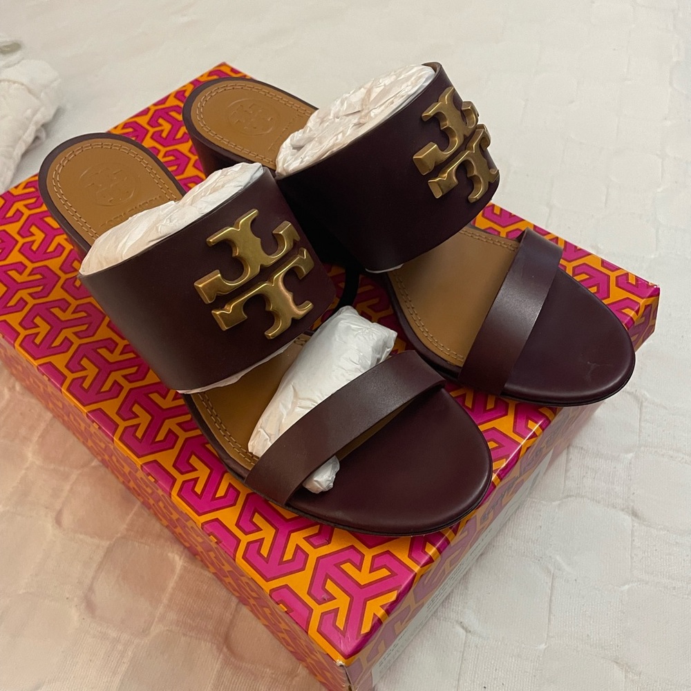 Tory Burch Everly Leather Claret Wedge Slide Sandals